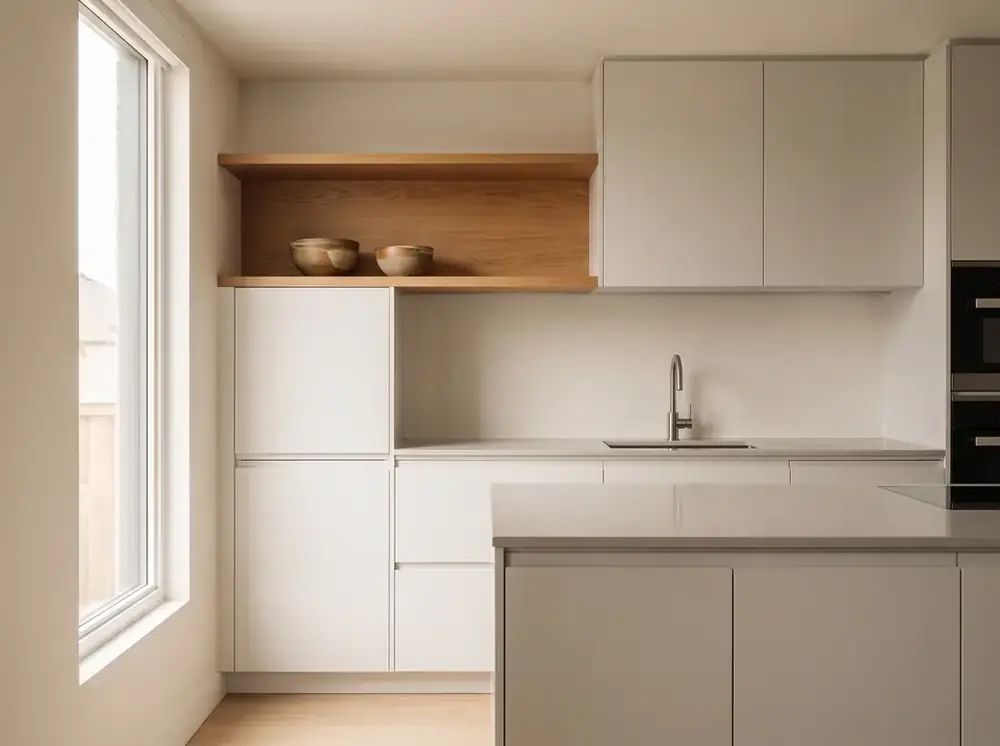 Moderne grifflose Küche mit klaren Flächen als Stilbeispiel