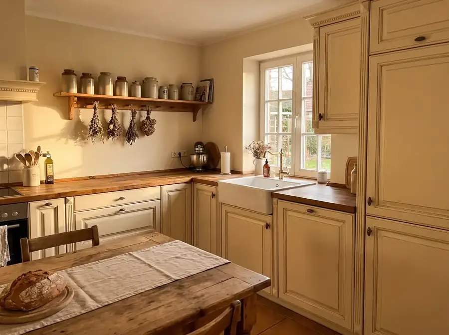 Landhausküche mit cremefarbenen Rahmenfronten und Holzarbeitsplatte